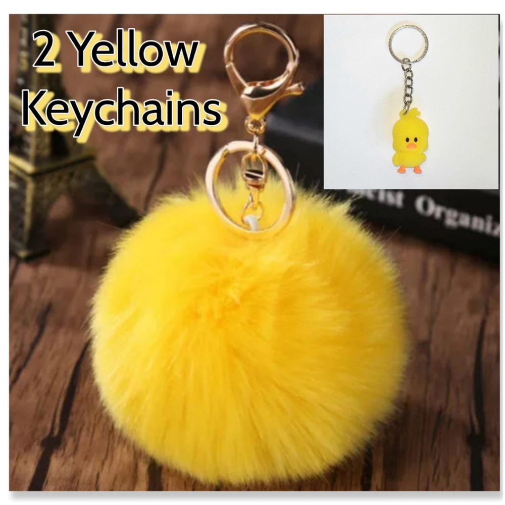 2pc Set Yellow Duck Plush Faux Fur Keychain Fluffy Ball Bundle Rubber Ducky